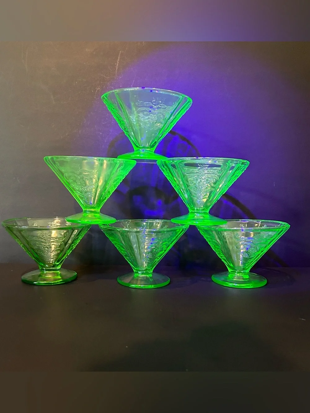Federal Glass Madrid Uranium Footed Sherbet Dishes Set Of 6